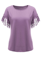 Casual Pure Color Tassel Patchwork O-Neck T-Shirt For Women