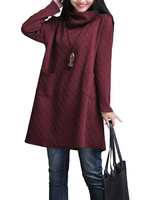 Casual Pure Color Turtleneck Pocket Cotton Mini Dress For Women