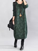 Casual Round Neck Long Sleeve Printed Linen Dresses For Women