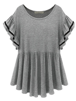Casual Ruffles Loose Stripe Patchwork Short Sleeve Women T-Shirt