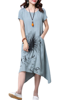 Casual Short Sleeve O-nack Ink Printing Asymmetrical Hem Maxi Dress