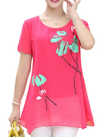 Casual Short Sleeves O-neck Printed Chiffon T-shirts For Women