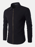 Casual Simple Band Collar Zipper Up Slim Designer Shirts for Men