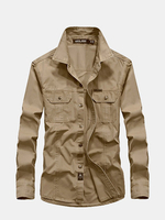 Casual Solid Color Cotton Cargo Dress Shirt Long Sleeve Plus Size Shirt For Men