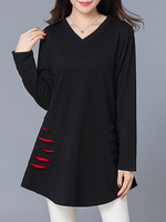 Casual Solid Color Hole Patchwork Long Sleeve V Neck Women Dresses