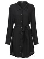 Casual Solid Lapel Button Mini Shirt Dress With Belt For Women