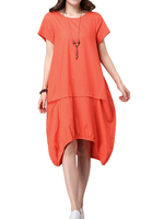 Casual Solid O-Neck Asymmetrical Linen Dress