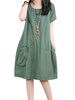 Casual Solid Pocket Short Sleeve Mid-Calf Vintage Style Dress