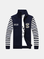 Casual Stripe Embroidery Knitted Sweater Stand Collar Long Sleeve Polyester Coats For Men