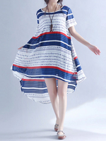 Casual Stripe Letter Print Irregular Short Sleeve O-neck Women Dress