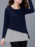 Casual Stripe Patchwork O-Neck Long Sleeve Blouse For Women