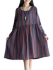 Casual Stripe Printed Pleated Loose Long Sleeve Women Dress