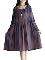 Casual Stripe Printed Pleated Loose Long Sleeve Women Dress