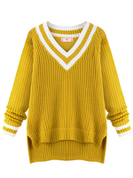 Casual Striped Patchwork Irregular Hem V-Neck Sweater
