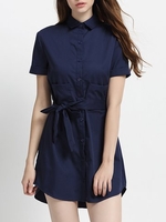 Casual Tie Button Short Sleeve Lapel Mini Dress For Women