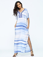 Casual Tie-dyed Split Patchwork Short Sleeve V-neck Women Maxi Dress
