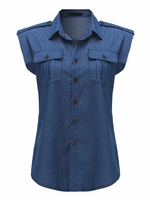 Casual Turn-Down Collar Sleeveless Pocket Denim Top For Women