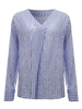 Casual V Neck Blue Cross Stripe Long Sleeve Women Shirt