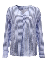 Casual V Neck Blue Cross Stripe Long Sleeve Women Shirt