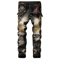 Casual Vintage Holes Embroidered Wings Stone Washed Jeans for Men