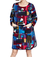 Casual Watercolor Printed Long Sleeve Pocket Mini Dress For Women
