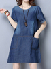 Casual Women Blue Short Sleeve Pockets Denim Dress