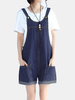 Casual Women Blue Strap Pockets Denim Jumpsuits Shorts