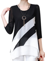 Casual Women Color Contrast O-Neck Irregular Chiffon T-Shirt