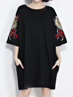 Casual Women Embroidery loose O-Neck 3/4 Sleeve T-Shirt