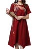 Casual Women Embroidery Patchwork High Low Linen Cotton Dress