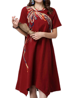 Casual Women Embroidery Patchwork High Low Linen Cotton Dress