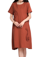 Casual Women Embroidery Patchwork Linen A-Line Dress