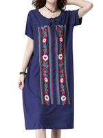 Casual Women Embroidery Short Sleeve Pockets Dress