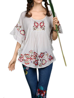 Casual Women Flare Sleeve Reffle Embroidery Cotton Linen T-shirt