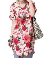 Casual Women Flower Printed V-Neck Split Cotton Linen Blouse
