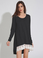 Casual Women Lace Stitching Long Sleeve O-Neck Irregular Mini Dresses