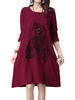 Casual Women Leaf Printing Pocket Cotton Linen A-line Dress