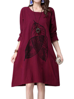Casual Women Leaf Printing Pocket Cotton Linen A-line Dress