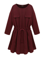 Casual Women Long Sleeve Pocket Drawstring Waist A-line Dress
