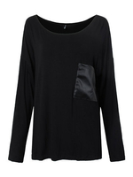 Casual Women Long Sleeve PU Pockets Loose T-Shirts