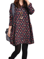 Casual Women Loose Cartoon Printed Cotton Long Sleeve Dress