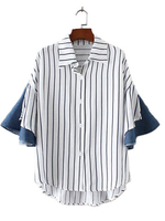 Casual Women Loose Horn Sleeve Striped Patchwork Shirts