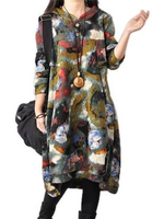 Casual Women Loose Long Sleeve Floral Hooded Linen Dress