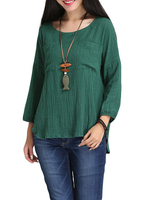 Casual Women Loose Vintage Solid Long Sleeve Pocket T-Shirt