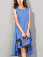Casual Women Lotus Ink Printing O-neck Irregular Cotton Linen Dress