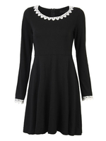 Casual Women Low Cut Lace Collar Long Sleeve Mini Dress