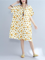 Casual Women O-Neck Yellow Flower Short Sleeves Print Dresses