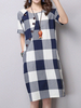 Casual Women Plaid Button Pocket Cotton Linen Dress