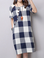 Casual Women Plaid Button Pocket Cotton Linen Dress