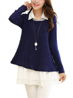 Casual Women Ruffles Knit Patchwork Two Pieces Lapel Blouse